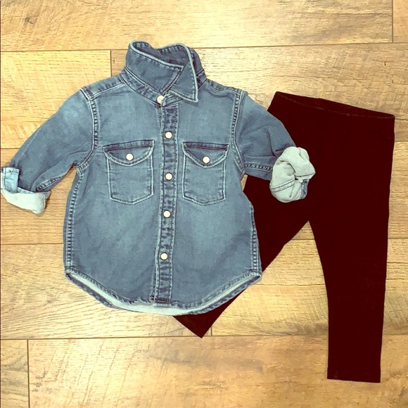 black leggings denim shirt